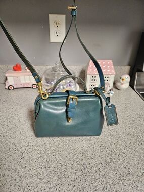 Teal Leather Top-Handle Crossbody Bag with Gold Hardware